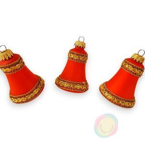 Vintage Germany Glass Christmas Ornaments Red Bells Gold Glitter Bands Set of 3